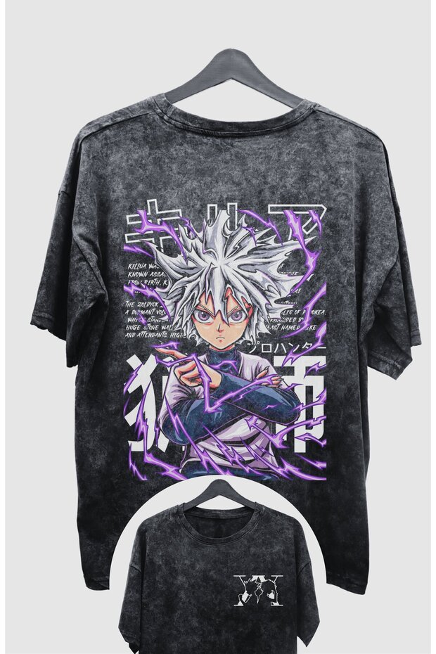 Oversize Hxh Killua Back Printed Washable T-Shirt, Unisex Anime Printed Vintage T-Shirt