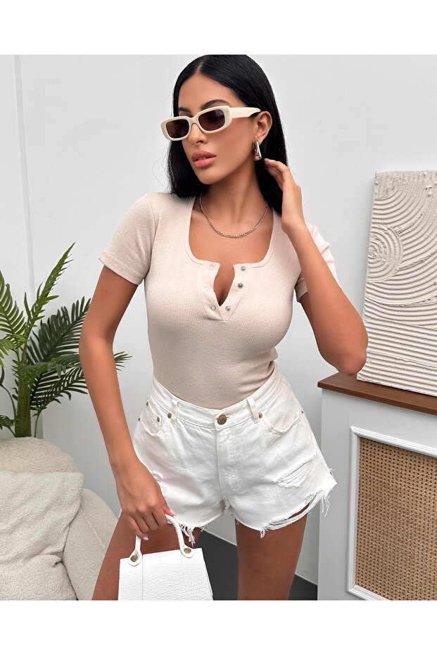 Kadın Krem Çıtçıtlı Fitilli Örme Bluz - 3