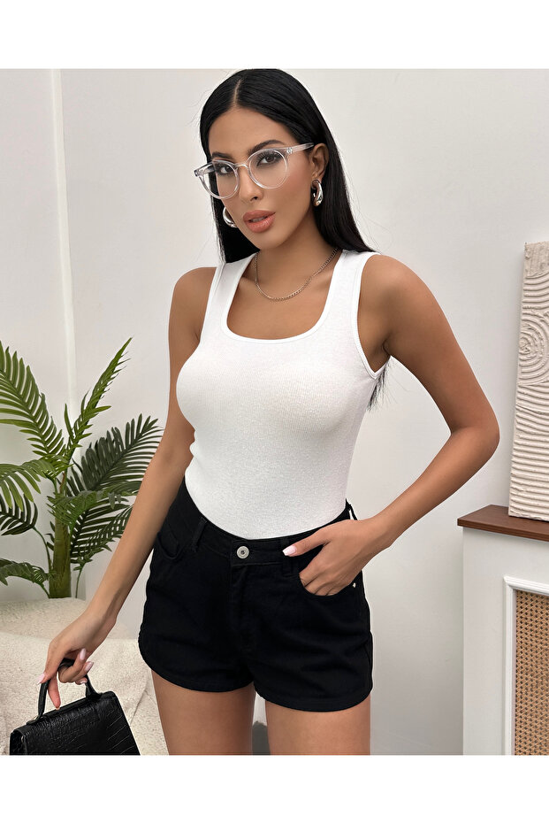 Women's White Wide-Strap Corded Fabric Knit Blouse