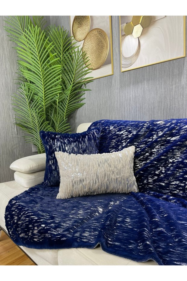 Rabbit Plush Silver Foil Printed Sofa Cover & Shawl - Navy Blue