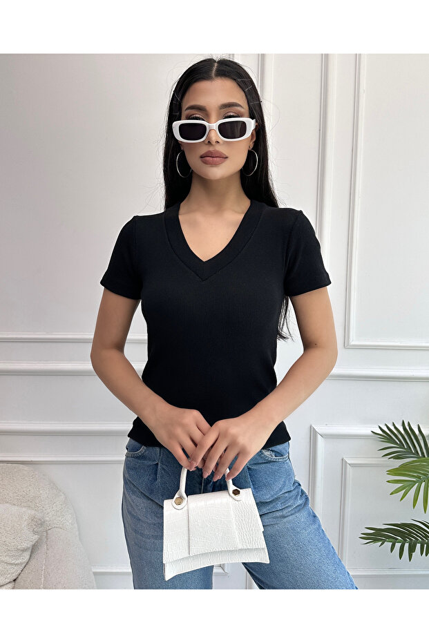 Kadın Siyah V Yaka Fitilli Örme Bluz - 1
