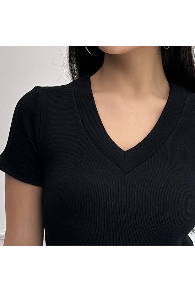 Kadın Siyah V Yaka Fitilli Örme Bluz - 5