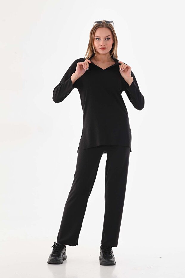 Black Tunic Pants Twisted Pattern Set - 2