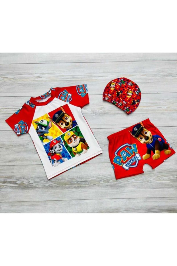 Men's (2-10 Years) Movie Character Printed Sunscreen Swimsuit 3-Piece Set (Swimwear Shorts Tshirt Bone)