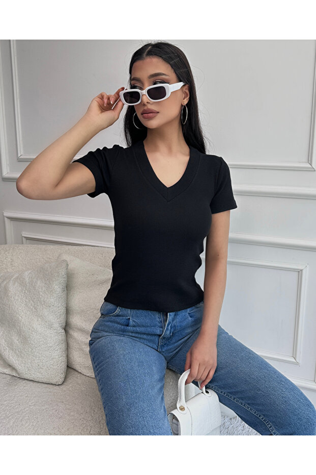 Kadın Siyah V Yaka Fitilli Örme Bluz - 3