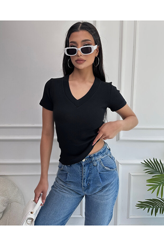 Kadın Siyah V Yaka Fitilli Örme Bluz - 4