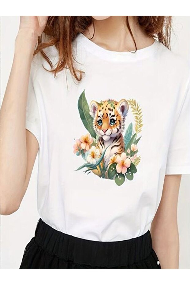 White Printed Oversize T-Shirt - Crew Neck, Short Sleeve