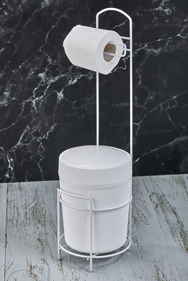 White Striped Round Bucket WC Paper Holder Set - 7