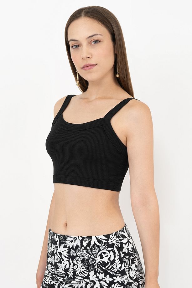 Kadın Siyah Fitted Kare Yaka Fitilli Esnek Örme Crop Atlet - 3
