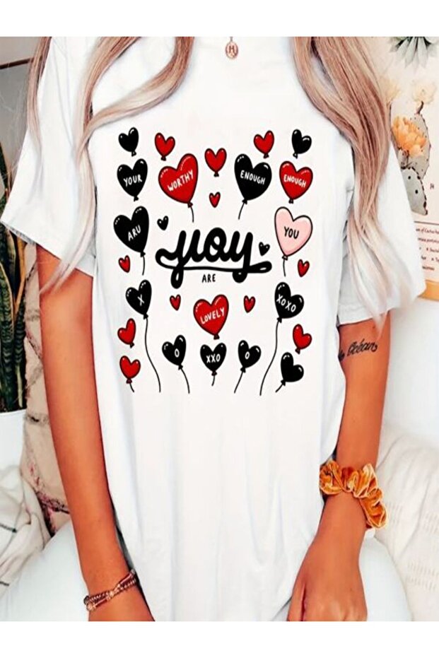 White Printed Oversize T-Shirt - Crew Neck, Short Sleeve