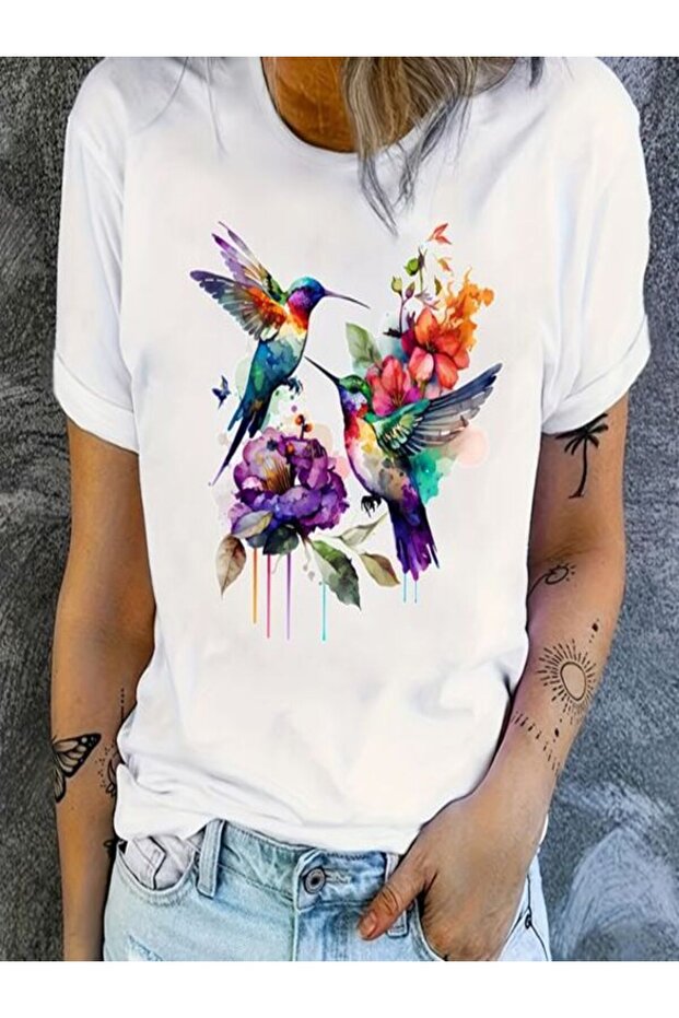 White Printed Oversize T-Shirt - Crew Neck, Short Sleeve