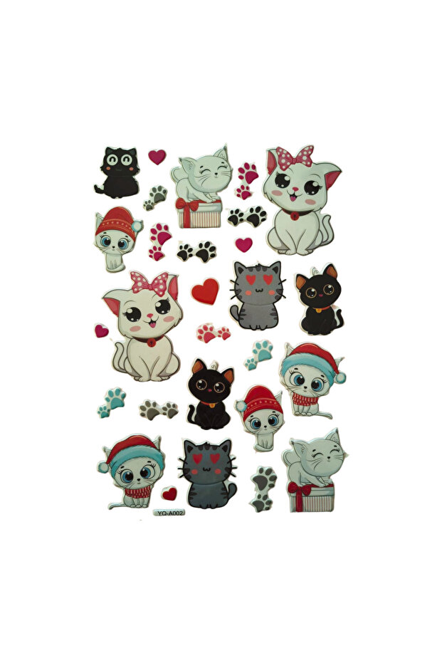 Cat-2 Cat Patterned 20x13cm Medium Size Puffy Kids Label Sticker - Embossed