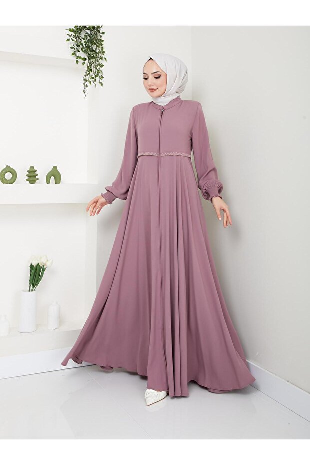 Summer Mevlana Style Flared Abaya/Coat with Patterned Sleeves and Waist