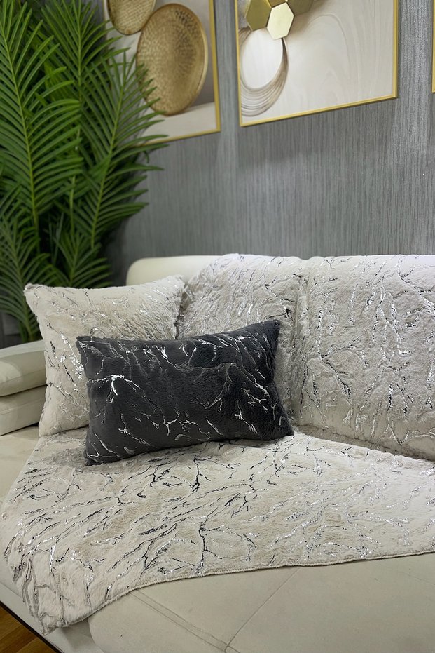 Rabbit Plush Silver Foil Printed Sofa Cover & Shawl - Cream Color
