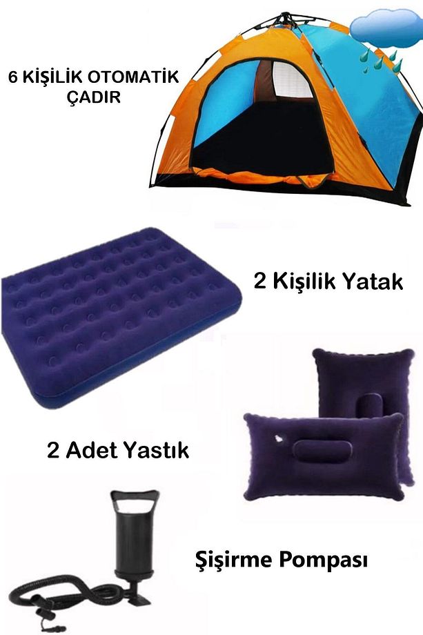 6 Kişilik OTOMATİK Kamp Çadırı Çift Kişilik Yatak ve Yastık Şişirme Pompası Hazır Kamp Seti - 1