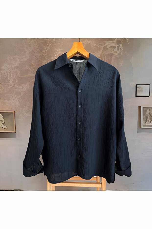 Men's Linen Oversize Shirt - Long Sleeve, Shirt Collar