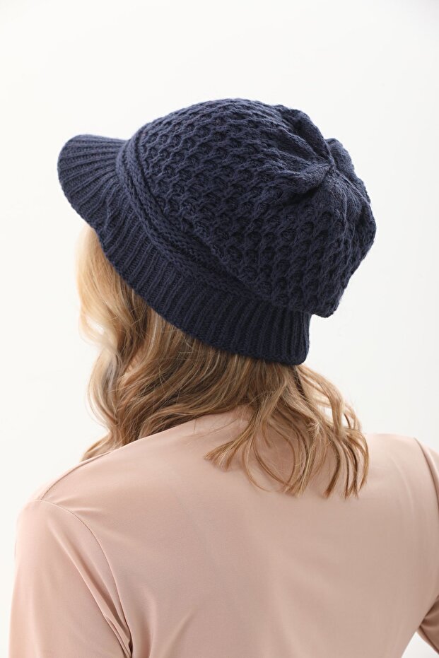 Siperli Çift Kat Lacivert Triko Örme Bere - 5