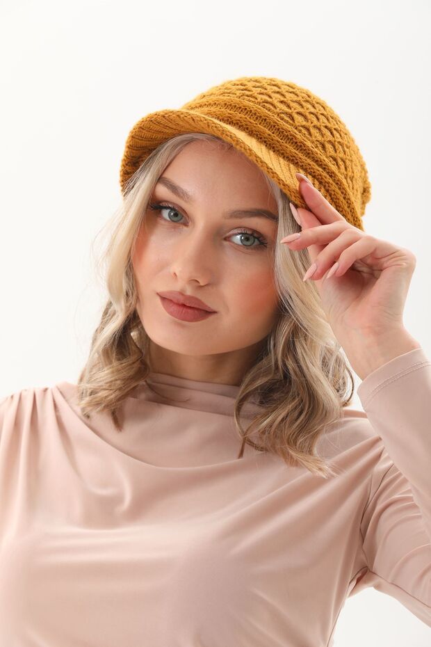 Siperli Çift Kat Hardal Triko Örme Bere - 1