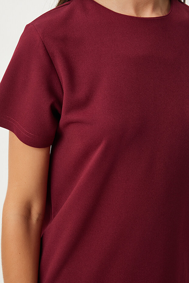 Kadın Bordo Bisiklet Yaka Basic Krep Elbise TO00136 - 4