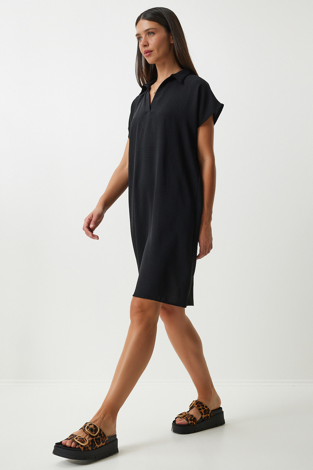 Women's Black Polo Neck Summer Loose Linen Ayrobin Dress To00138