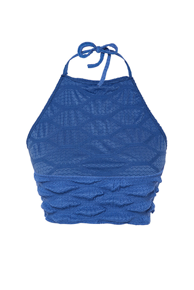 Indigo Dokulu Crop Boyundan Bağlamalı Esnek Örme Bluz TWOSS24BZ00602 - 7