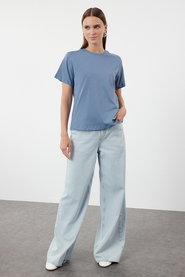 Indigo %100 Pamuk Basic Bisiklet Yaka Örme T-Shirt TWOSS23TS00000 - 2