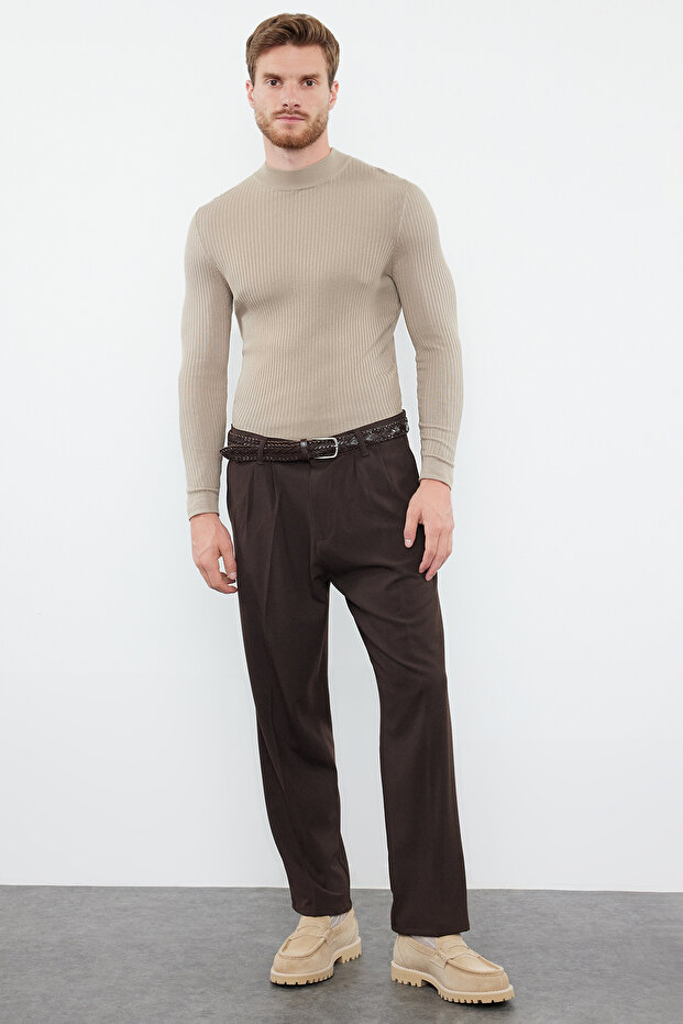Kahverengi Pileli Klasik Baggy Fit Kumaş Pantolon TMNSS24PL00024 - 3