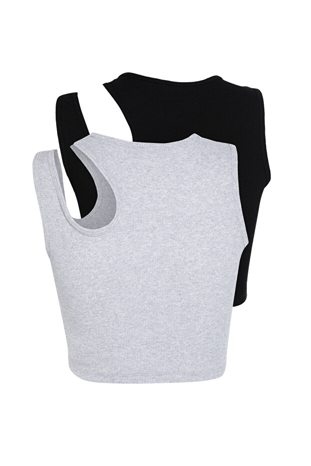 Siyah-gri melanj 2'li Paket Cut Out Detaylı Fitted Crop Fitilli Esnek Örme Atlet TWOSS23AL00006 - 7