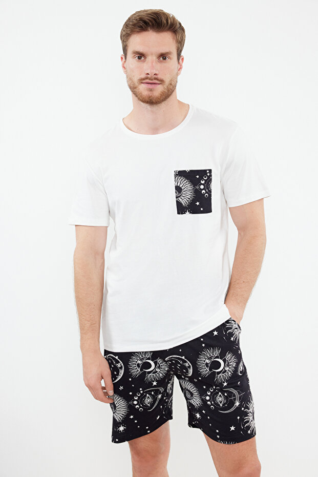 Ekru Siyah Baskılı Regular Couple/Çift Örme Şortlu %100 Pamuklu Erkek Pijama Takımı TMNSS24PT00018 - 2