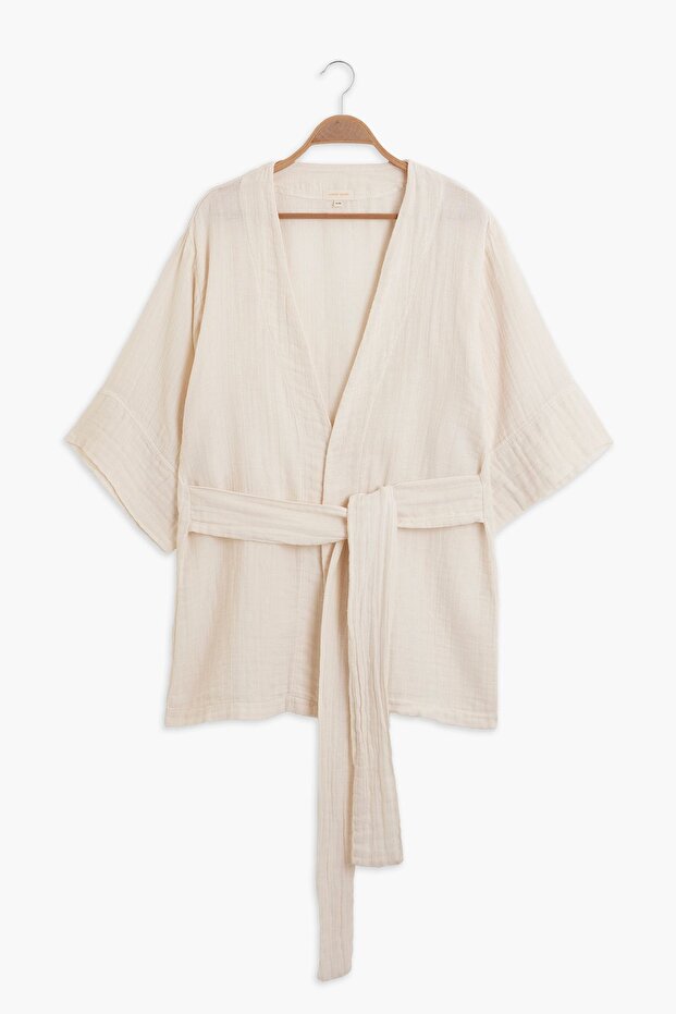 Cool and Comfortable Unisex Ecru 100% Cotton Muslin Home/Beach Wear Kimono