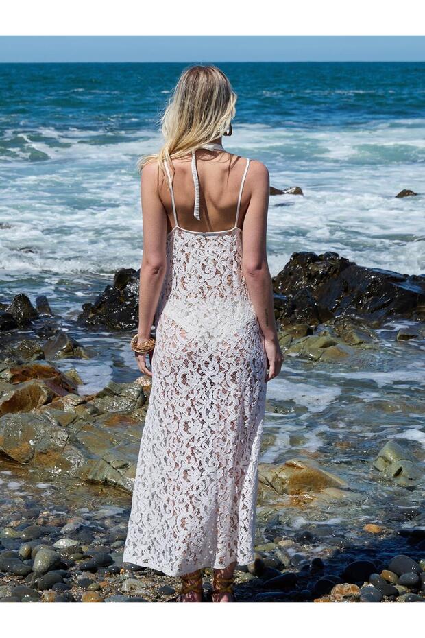 Ecrufarbenes Spitzenkleid mit Riemchen - 5