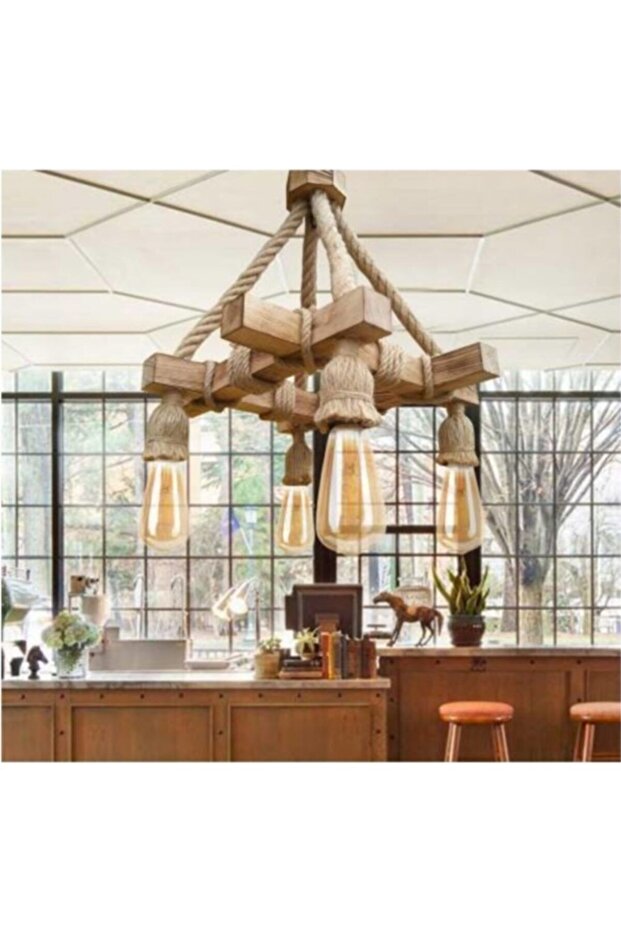 Tasarım Ahşap Halatlı Rustik Salon Avize 4'lü - 2