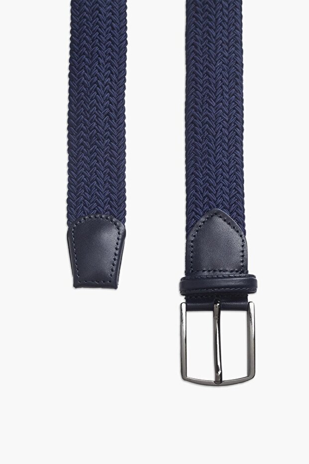 Erkek Lacivert Hakiki Deri Detaylı Elastik Örme Kemer - 3