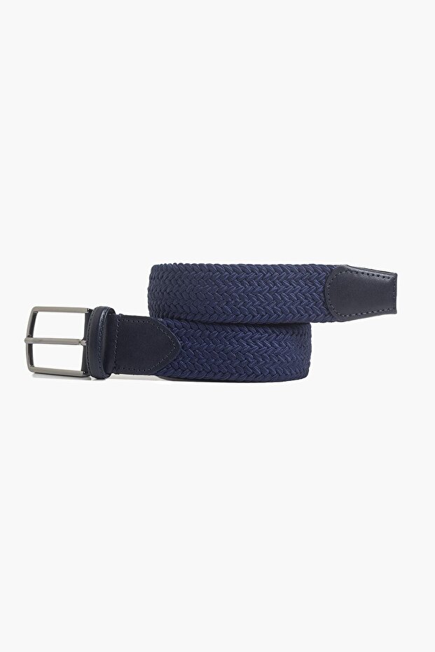 Erkek Lacivert Hakiki Deri Detaylı Elastik Örme Kemer - 1