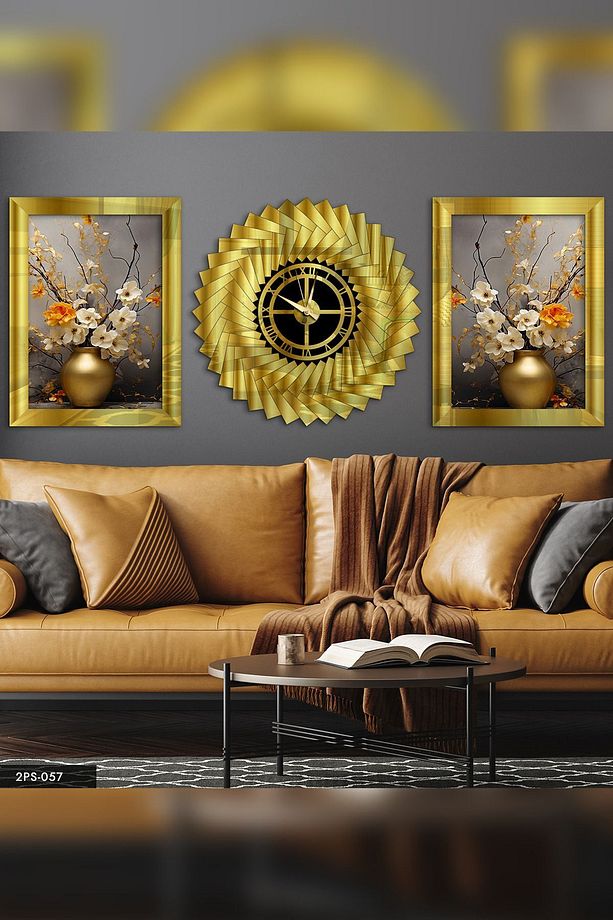 Vazoda Çiçekler Gold Pleksi Tablo Saat Set - 2