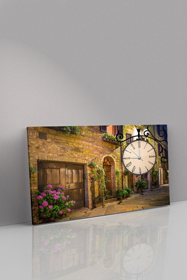 Çiçekli Yol Saatli Kanvas - Canvas Tablo - 2