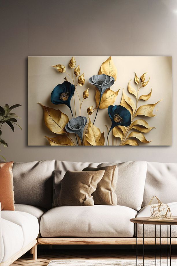 Zarif Altın ve Mavi Çiçekler ile Dallar Tek Parça Kanvas - Canvas Tablo - 4