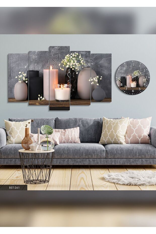 Vazoda Çiçekler Mum 5 Parça Mdf Tablo Saat Set - 1