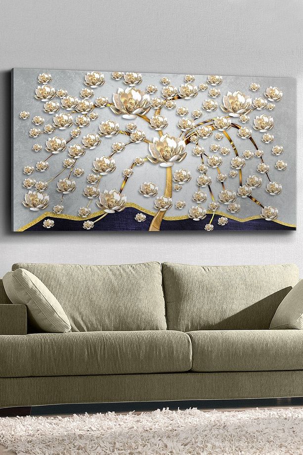 Gold Çiçekler Tek Parça Kanvas Canvas Tablo - 3