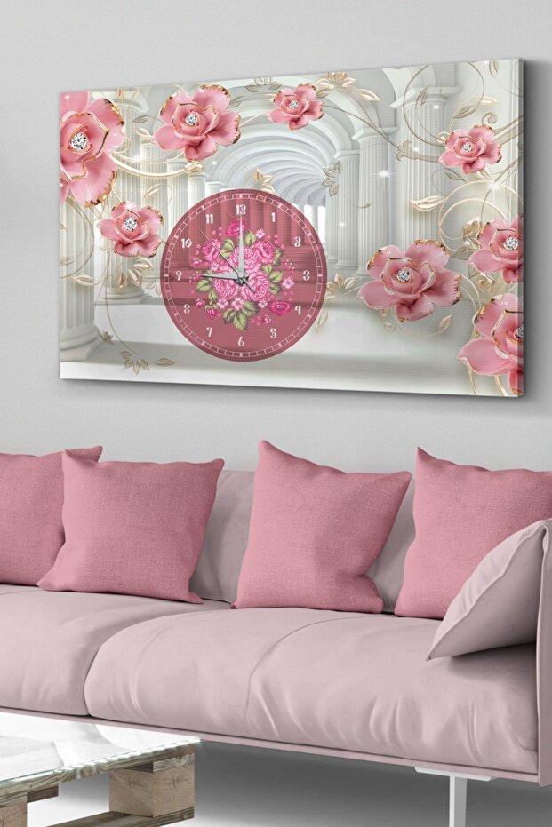 Pembe Çiçekler Saatli Kanvas - Canvas Tablo - 1