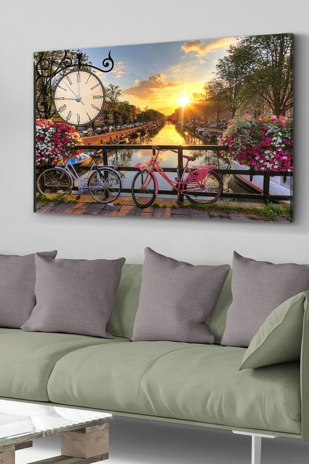 Çiçekler Ve Bisiklet Saatli Kanvas - Canvas Tablo - 1