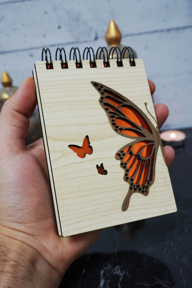 Butterfly Themed Wooden Cover Notebook - Mini Notebook - Pocket Notebook - My List