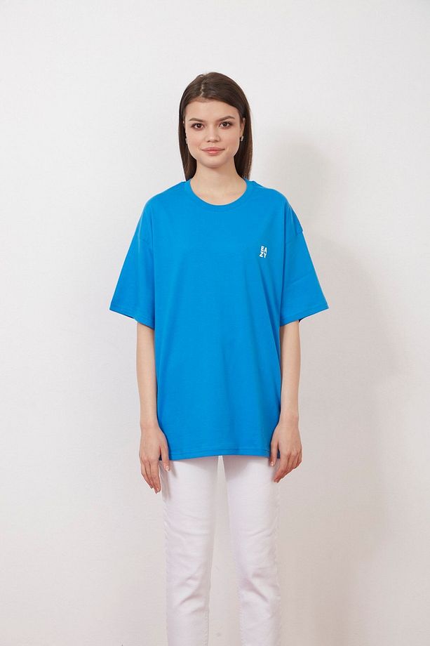 Eazy Mavi Abstract Shapes Unisex Oversize Baskılı Kısa Kollu T-shirt - 4