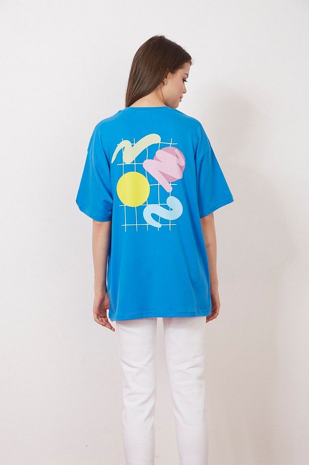 Eazy Mavi Abstract Shapes Unisex Oversize Baskılı Kısa Kollu T-shirt - 3