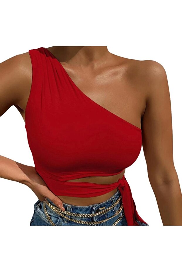 Red Sandy Fabric Single Sleeve Waist Detail Bustier
