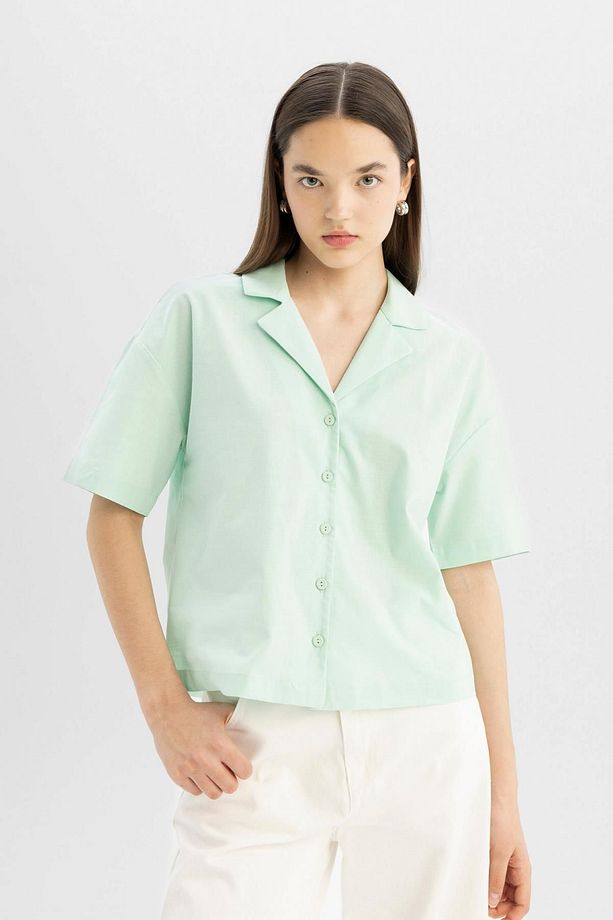 Coool Oversize Geniş Kalıp Pijama Yaka Flamlı Pamuk Kısa Kollu Gömlek C0743ax24sm - 1