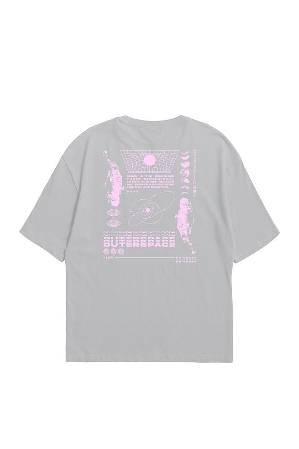 Eazy Gri Outer Space Unisex Oversize Baskılı Kısa Kollu T-shirt - 1
