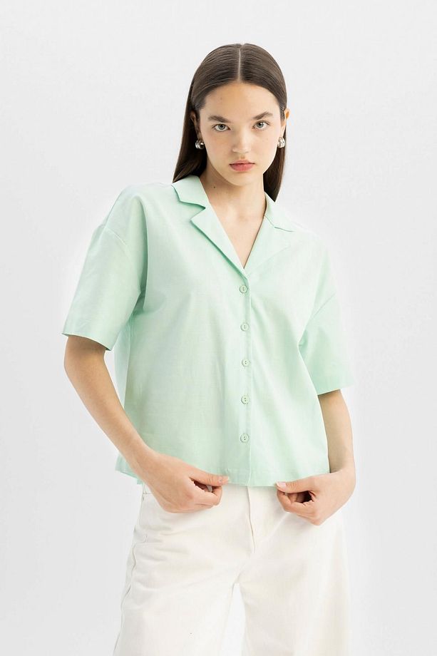 Coool Oversize Geniş Kalıp Pijama Yaka Flamlı Pamuk Kısa Kollu Gömlek C0743ax24sm - 3