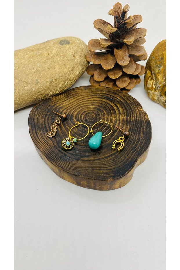 Handmade Design Brass Apparatus Turquoise Stone Set of 4 Earrings