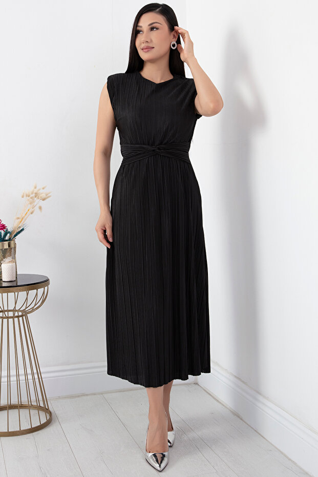 Oval Yaka Omuz Vatkalı Elbise GRS3448 - 5